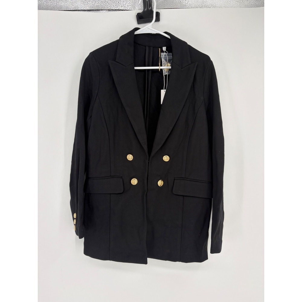 Chico's Blazer Women 8 Black Double Breasted Gold Button Ponte Career Jacket